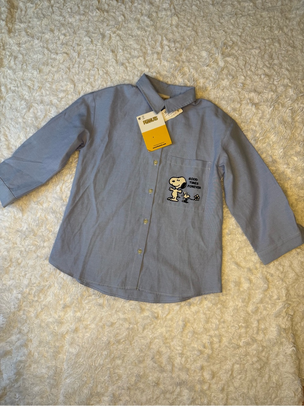 Zara Light Blue Kids Button-Down Shirt with Snoopy Pocket